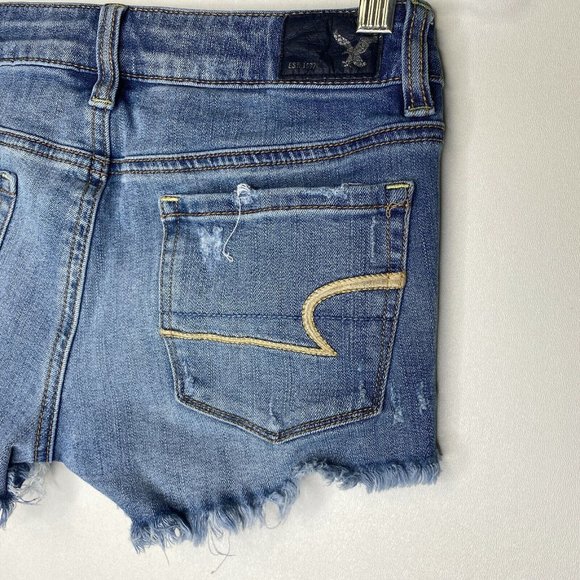 American Eagle Distressed Shortie Stretch Jean Shorts AEO Denim Cutoffs  Size 0 - Picture 6 of 8